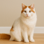 Turkish Van cat with a white coat and reddish markings on the head and tail, sitting upright on a light hardwood floor against a beige wall.