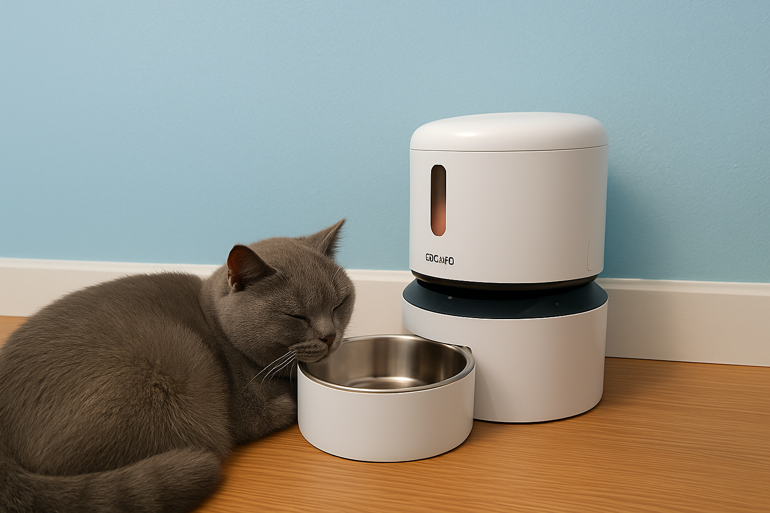 Gray cat resting by a PETLIBRO automatic cat feeder against a light blue wall.