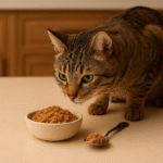 Tabby cat sniffing a bowl of wet cat food.