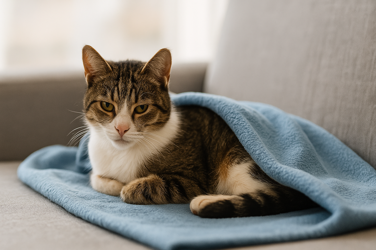 Cat resting on a blanket showing mild parvo symptoms.