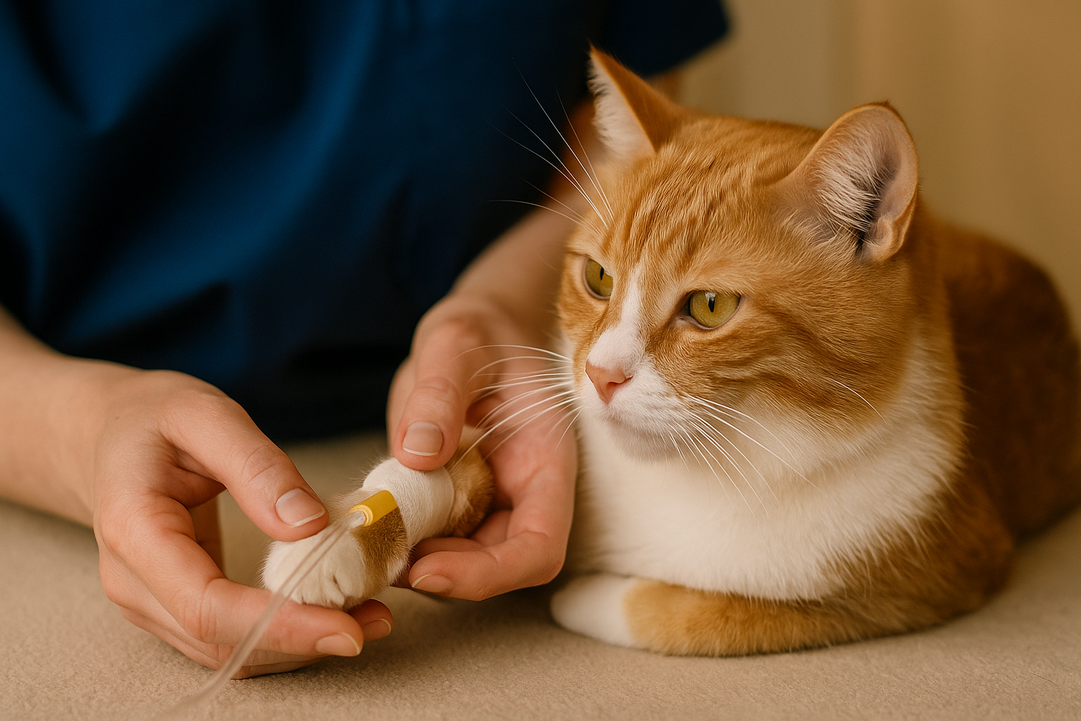 Veterinarian providing supportive care for a cat with parvo.