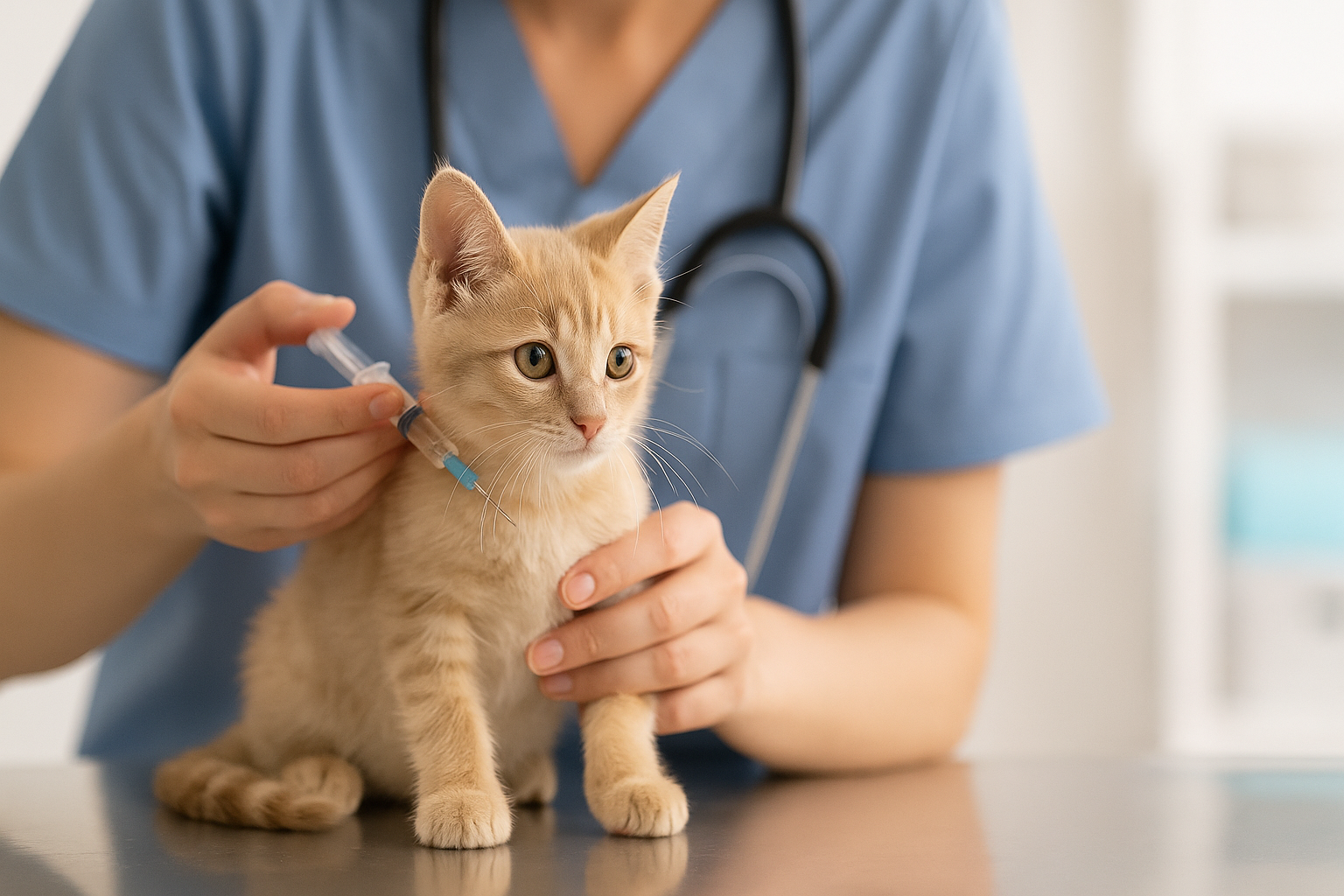 Kitten receiving FVRCP vaccine to prevent parvo.