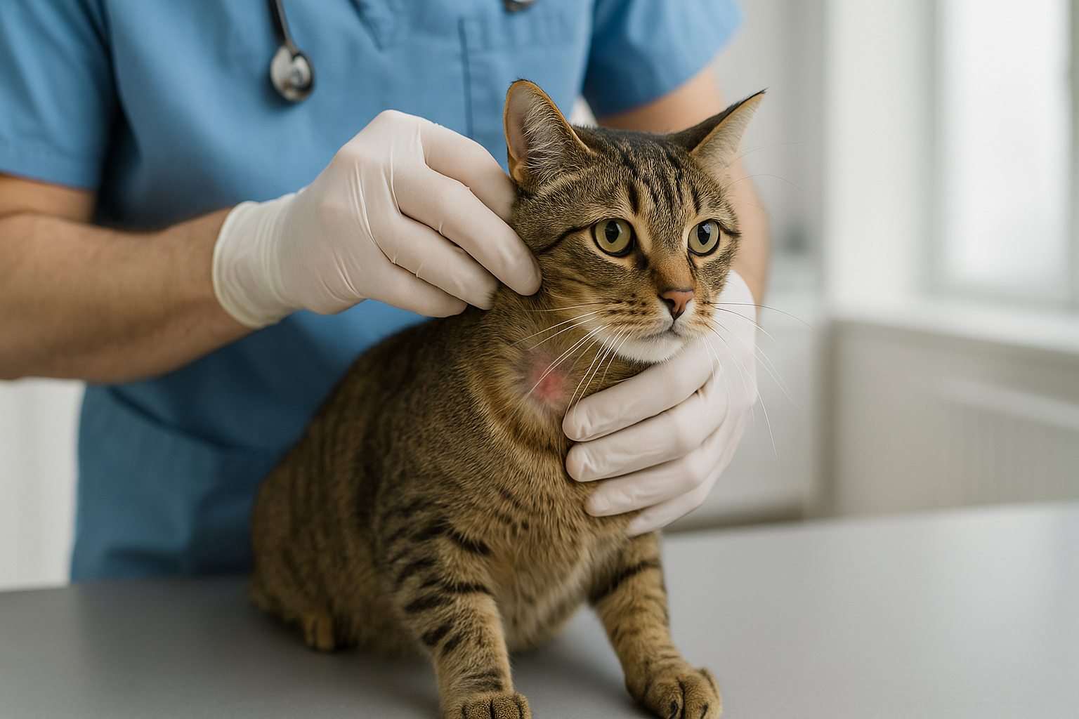 close-up of a cat’s neck showing a small bald patch and mild redness from folliculitis