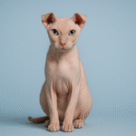 A hairless Ukrainian Levkoy cat with folded ears and pale wrinkled skin sits upright against a soft blue background, gazing calmly forward.