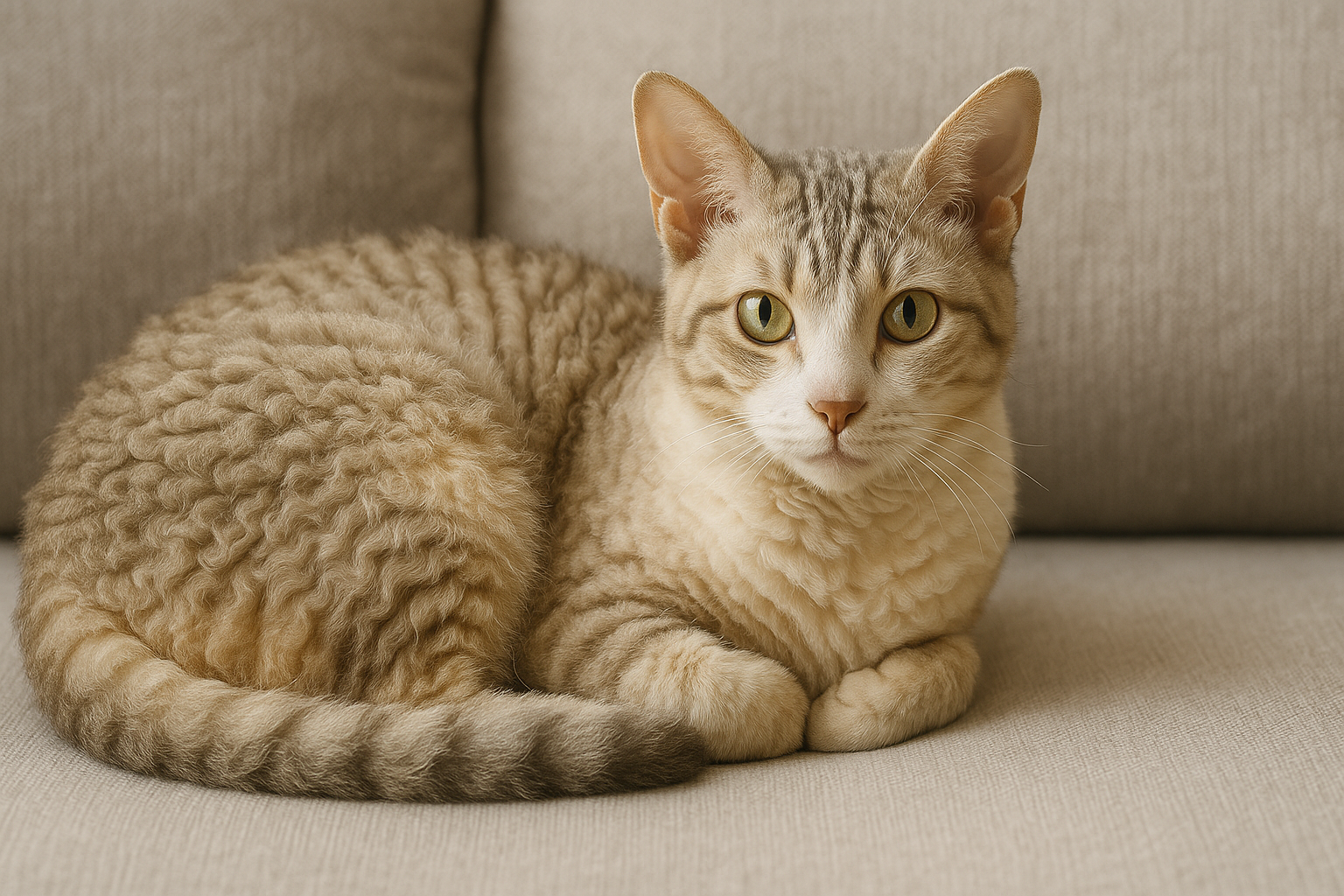 Cream and gray Ural Rex cat curled up on a sofa