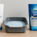 PrettyLitter and Fresh Step Crystals bags beside a litter box filled with crystal cat litter