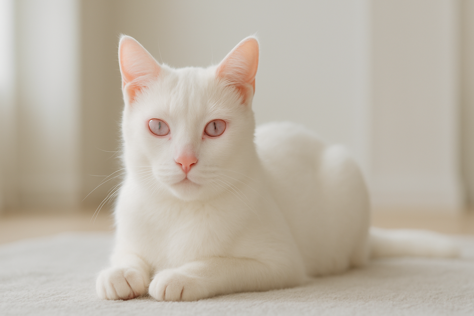 Albino cat in a bright modern room.