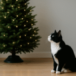 tuxedo cat near real christmas tree safety