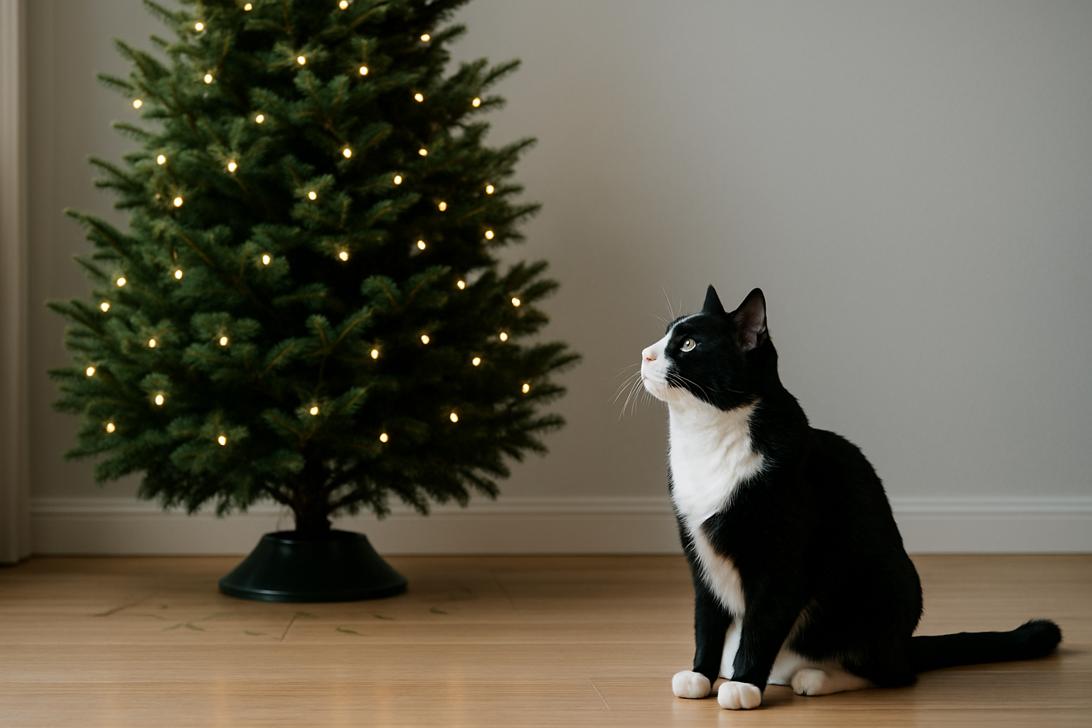 tuxedo cat near real christmas tree safety