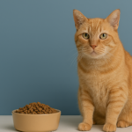 Senior orange tabby cat sitting beside a bowl of dry cat food