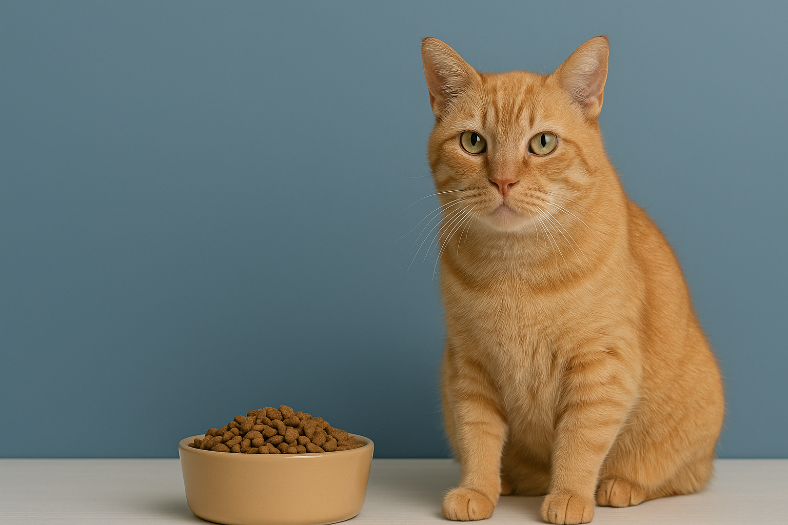 Senior orange tabby cat sitting beside a bowl of dry cat food