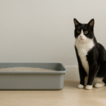Tuxedo cat beside full-size litter box against a light-grey wall