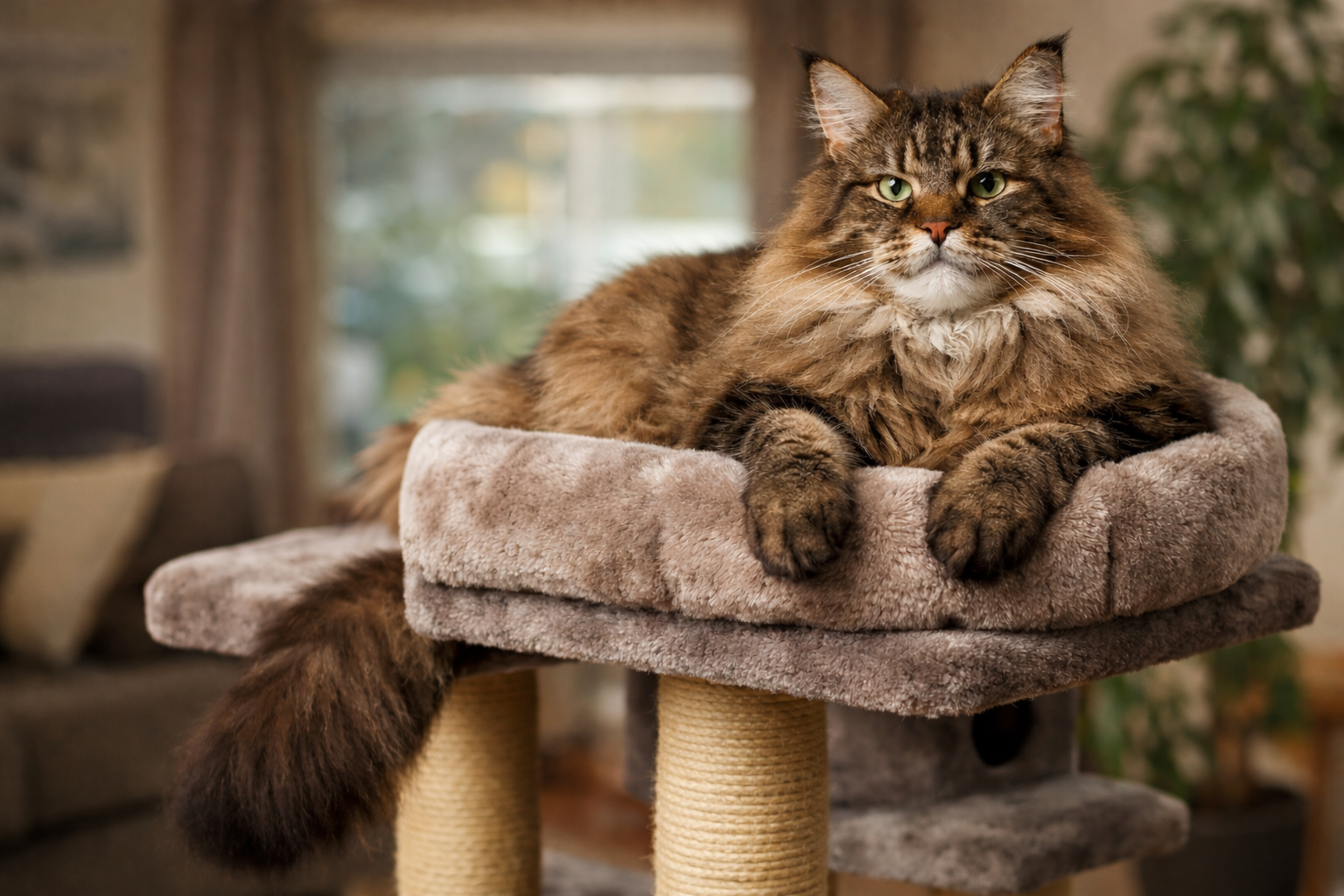 Large Maine Coon cat resting on a sturdy cat tower