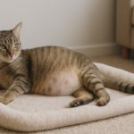 Pregnant cat resting on a soft bed in a calm home environment.