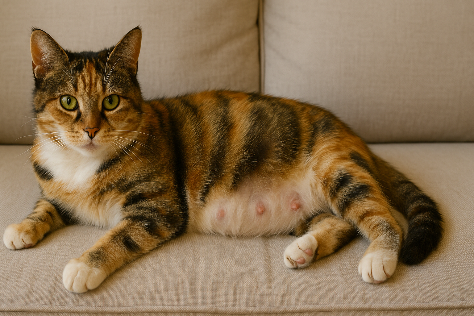 Pregnant calico cat around 7 to 8 weeks lying on a soft blanket with a rounded belly and visible pink nipples.