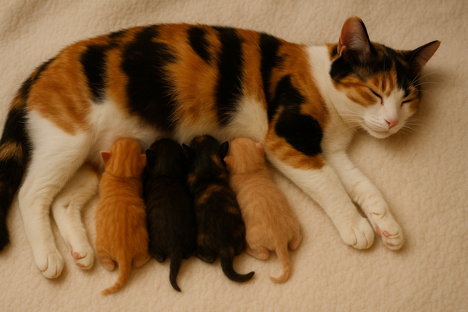 A calico mother cat lying on her side nursing four newborn kittens on a soft beige blanket, with all kittens gathered closely at her belly.