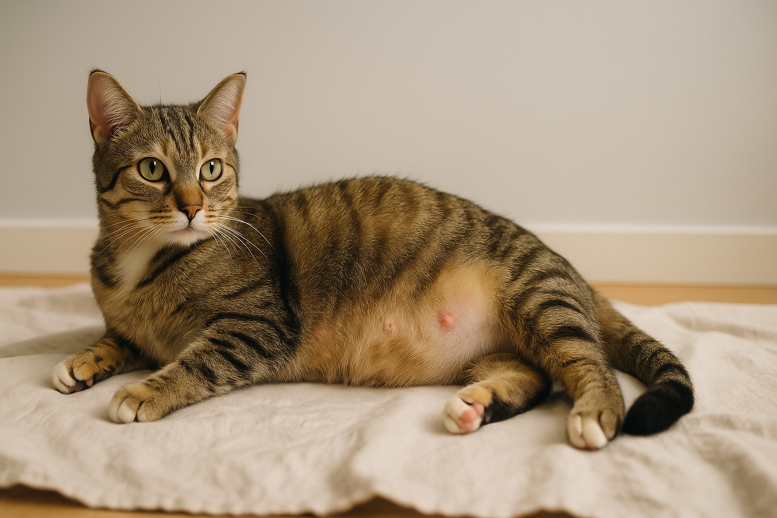 A pregnant cat around 3 to 4 weeks showing mild belly rounding and slightly pinkened nipples while resting on a soft blanket.