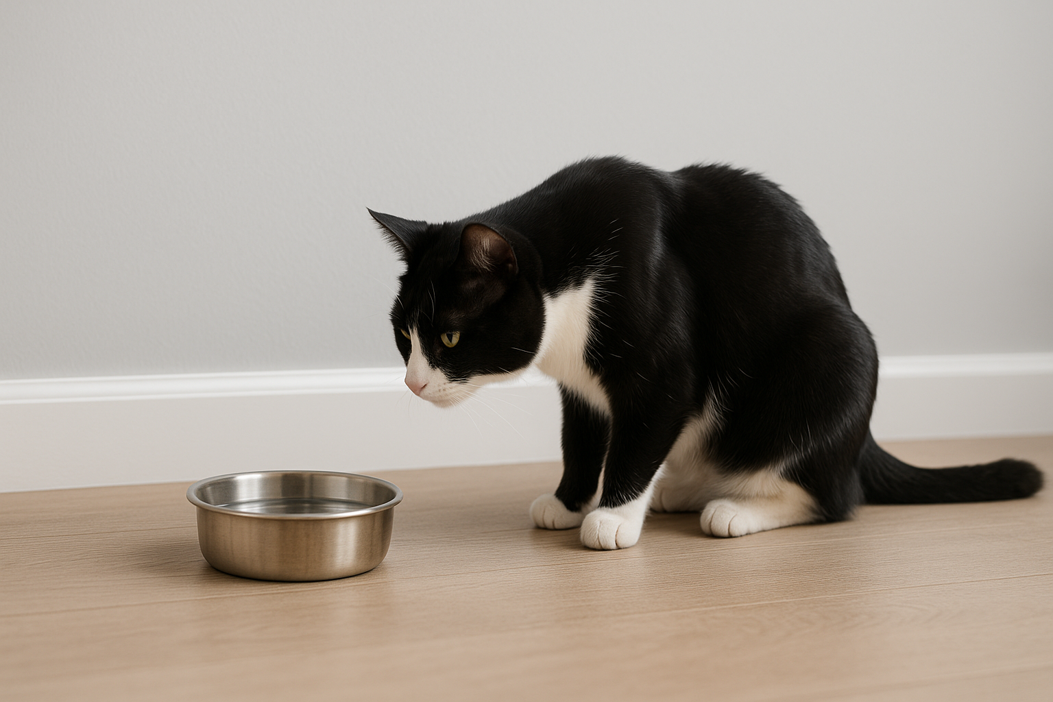 A black-and-white tuxedo cat sniffing a stainless steel water bowl in a bright, modern room with a light grey wall.