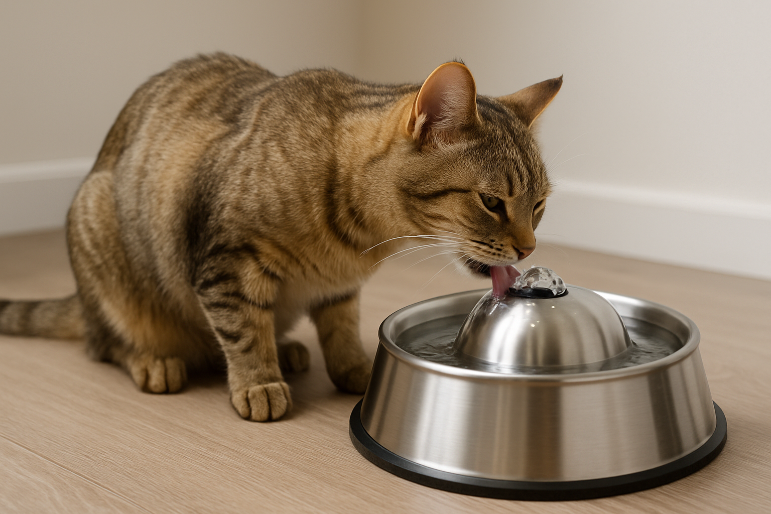 A tabby cat drinking from a stainless steel pet water fountain in a clean, modern indoor setting
