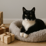 tuxedo cat resting in plush bed with Christmas gift boxes