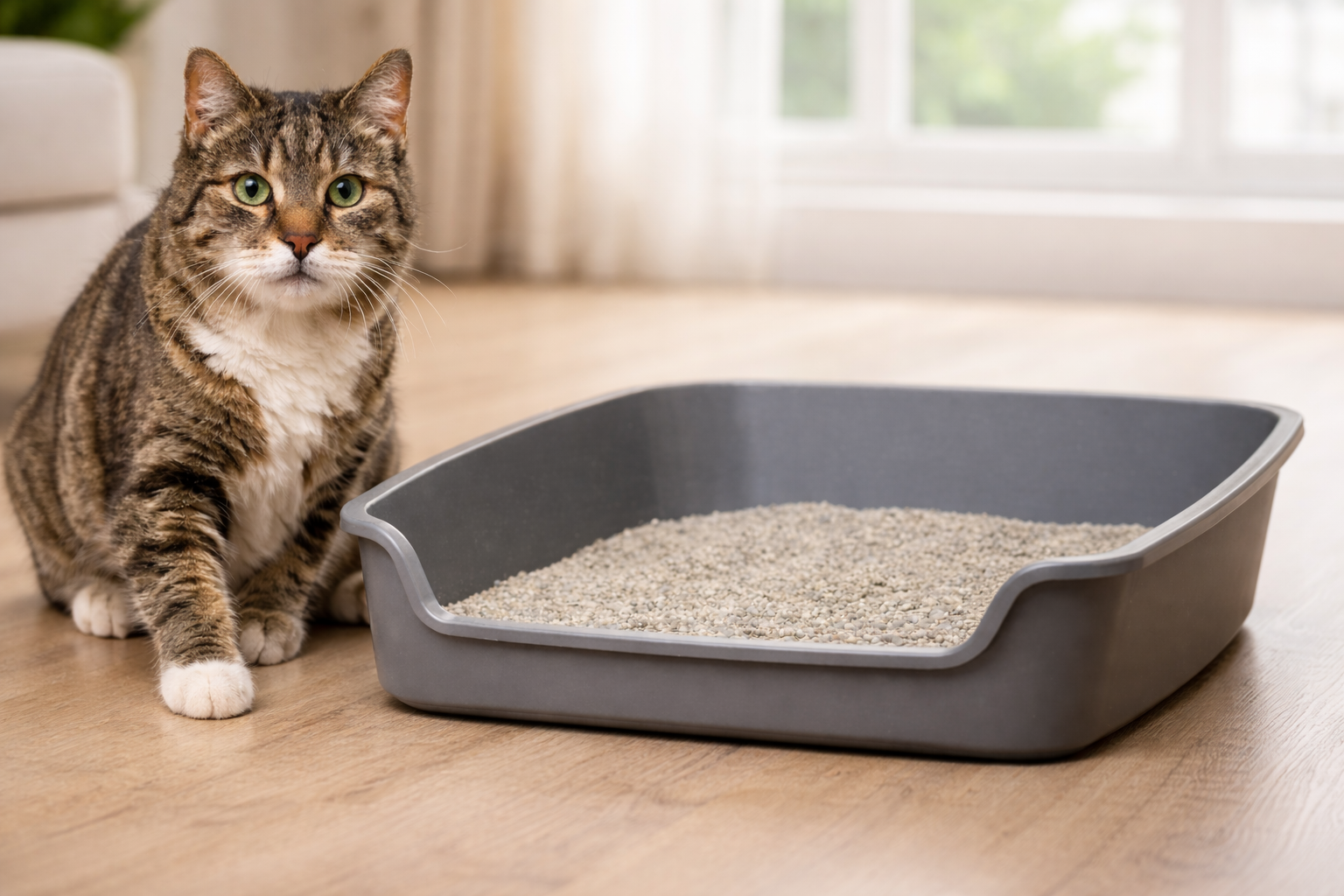 Senior tabby cat standing next to a low-entry litter box on a wood floor in a bright living room