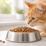 Orange tabby cat gently sniffing a bowl of dry cat food on a bright kitchen counter for sensitive stomach feeding