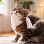 Cat scratching its neck on a living room rug, a common sign of fleas or skin irritation