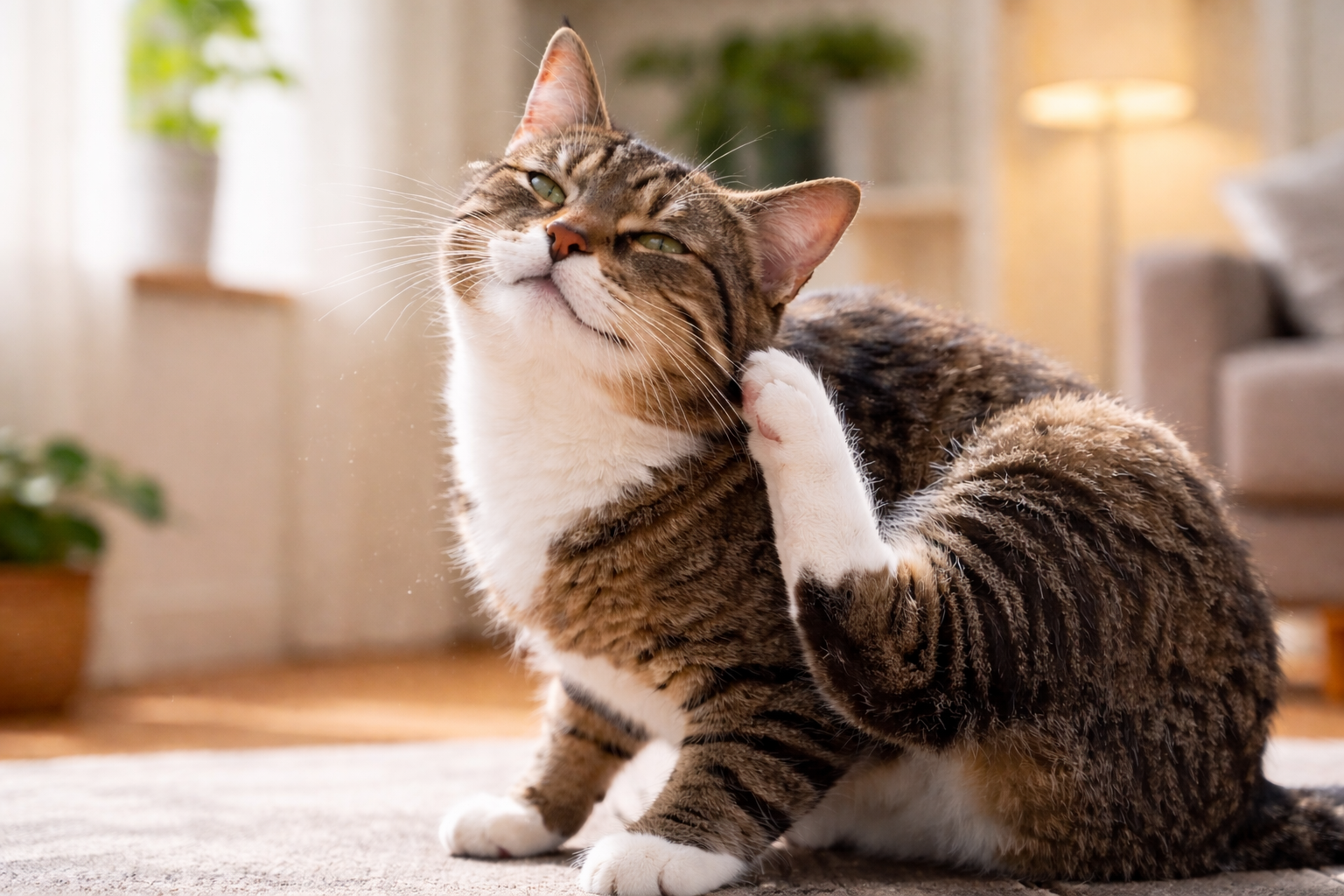 Cat scratching its neck on a living room rug, a common sign of fleas or skin irritation