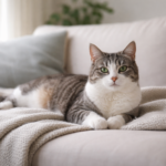 Relaxed gray and white cat lying on a couch in soft natural light inside a calm home