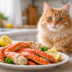 Orange tabby cat sitting on a kitchen counter next to a plate of cooked crab legs