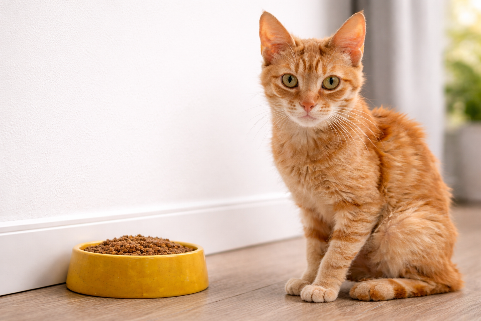 Orange cat sitting next to food bowl against a wall, appearing thin and underweight