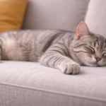 Grey tabby cat lying on its side and sleeping on a light-colored couch, facing right in a calm indoor setting
