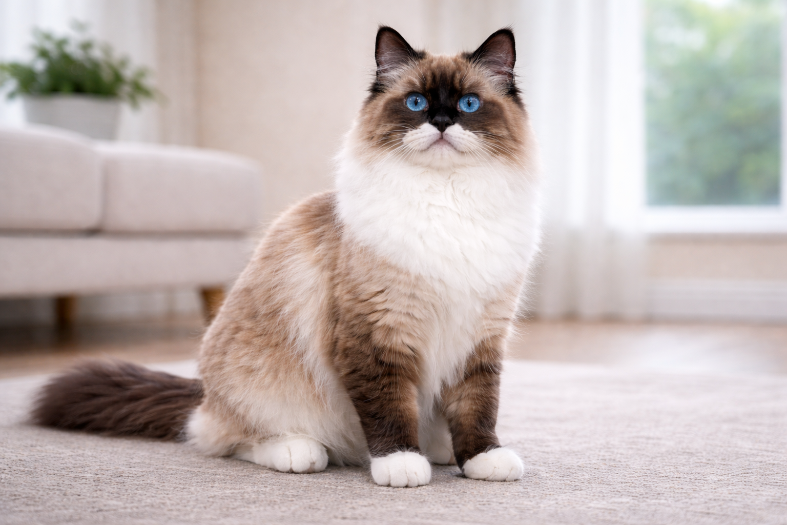 Mitted Ragdoll cat showing white mittens on paws and white chin