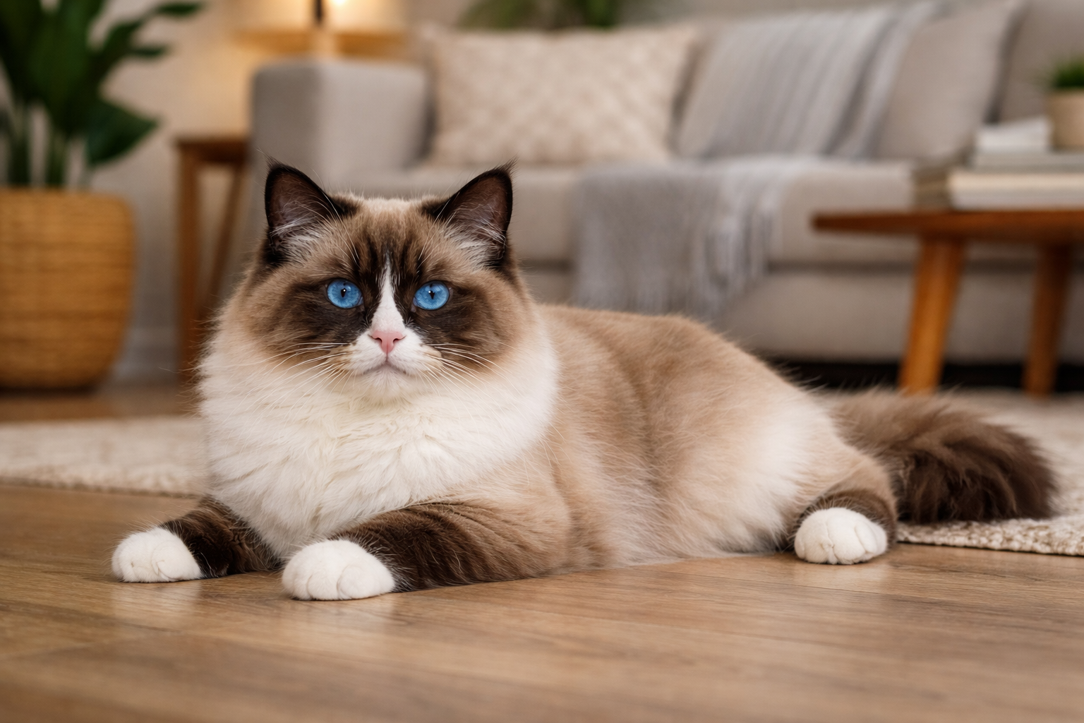 eal point Ragdoll cat with bright blue eyes relaxing on a wooden living room floor