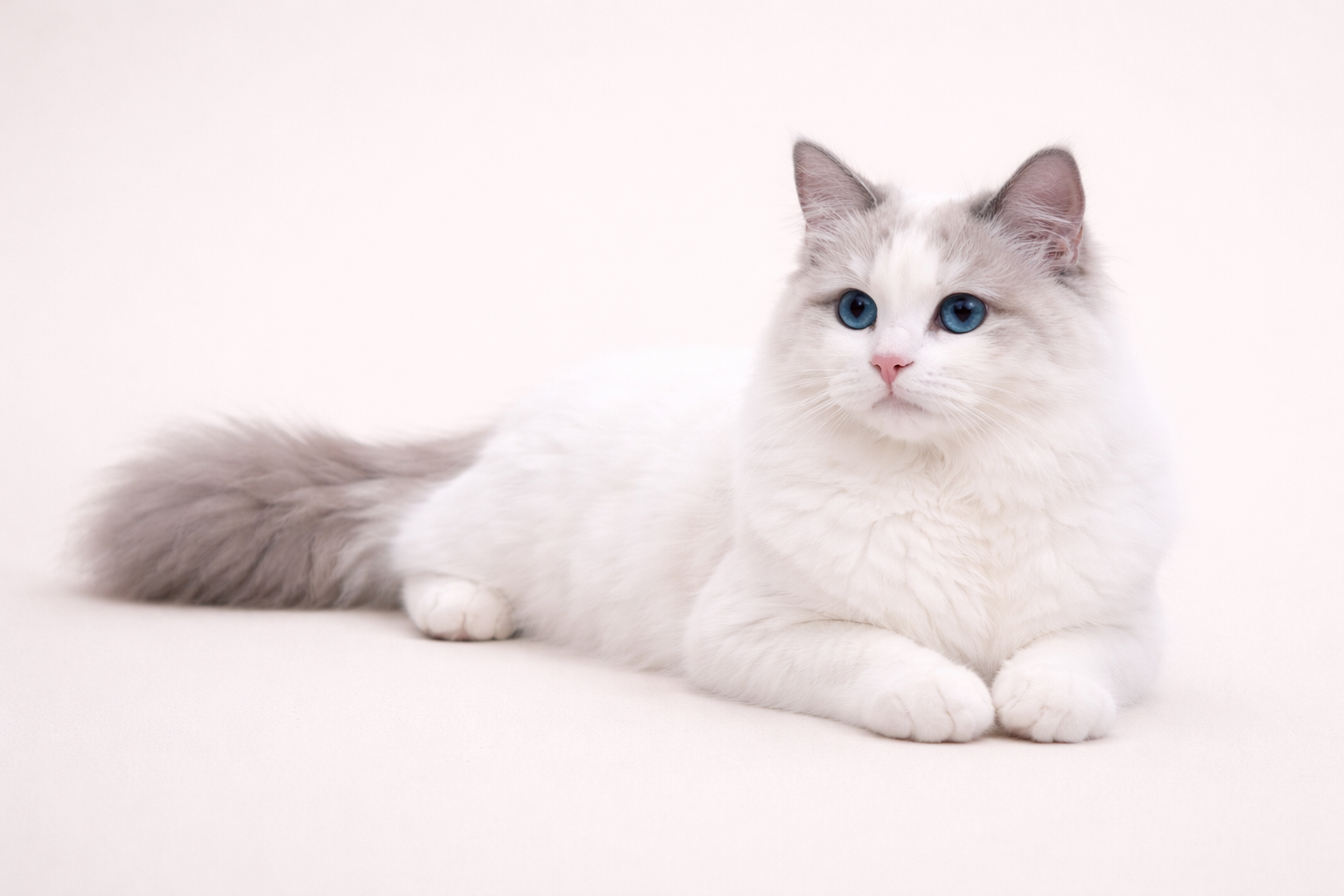 Van pattern Ragdoll mostly white with color on ears, face, and tail