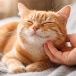 Orange tabby cat lying on a gray blanket with eyes closed while being gently scratched under the chin by a human hand, looking relaxed and content