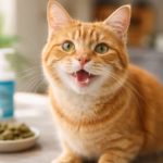 Orange tabby cat sitting indoors with mouth slightly open, showing teeth, on a clean kitchen surface
