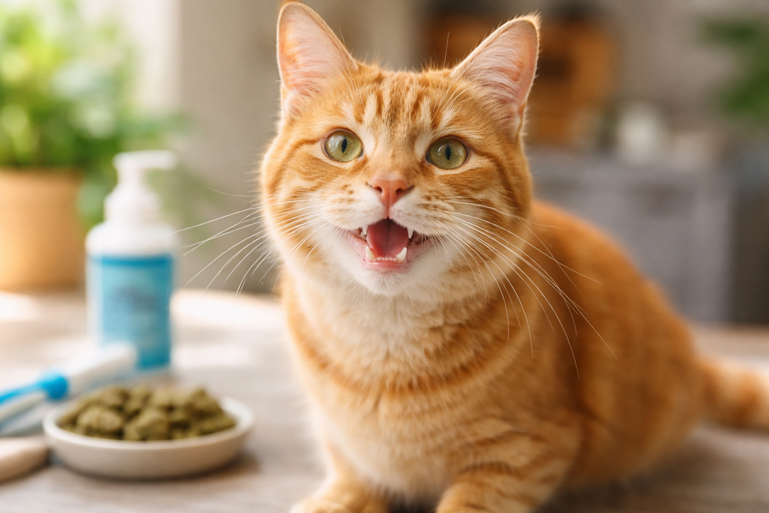 Orange tabby cat sitting indoors with mouth slightly open, showing teeth, on a clean kitchen surface