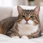 Cat resting on a couch indoors, calm and alert, illustrating heavy breathing concerns in cats