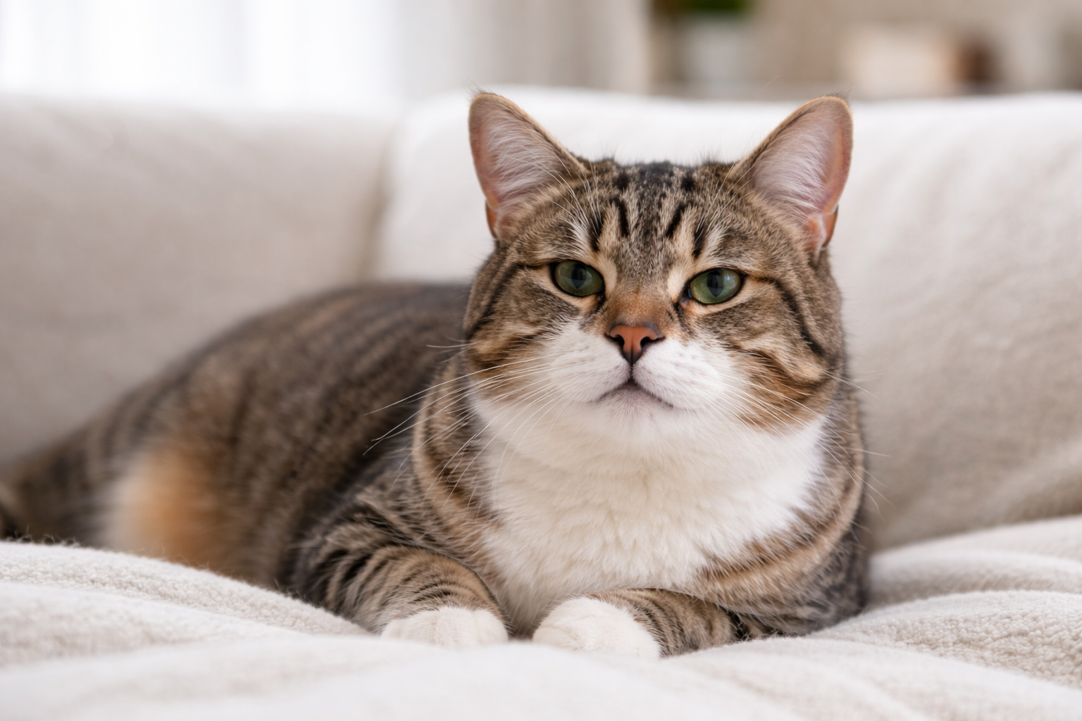 Cat resting on a couch indoors, calm and alert, illustrating heavy breathing concerns in cats