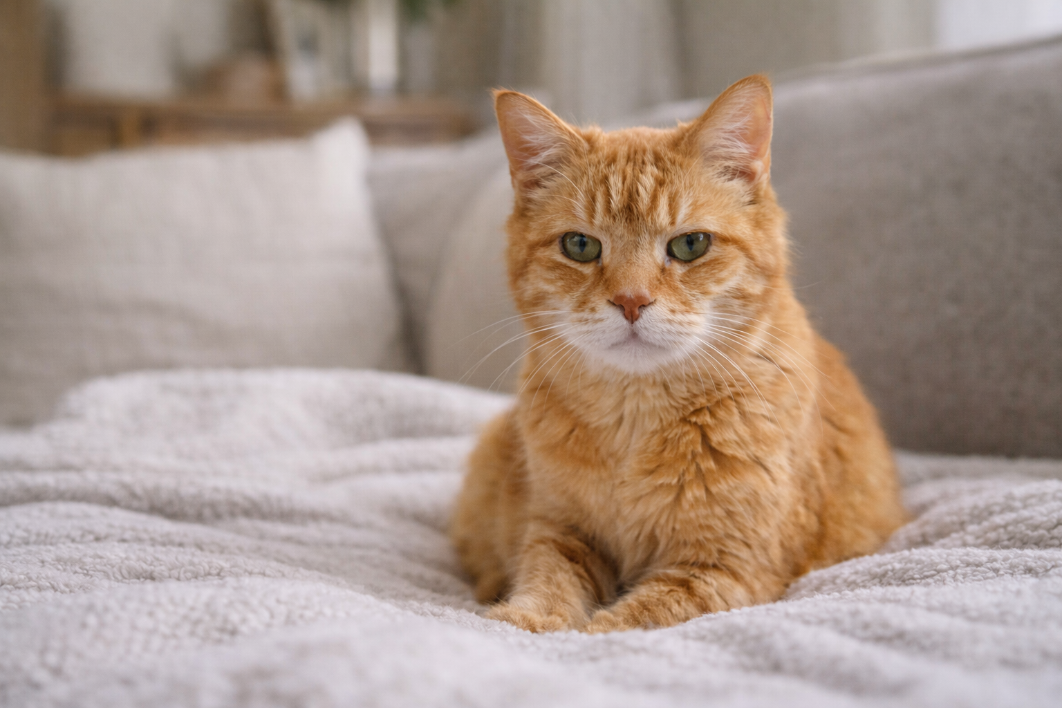Older tabby cat resting on a bed in a quiet home