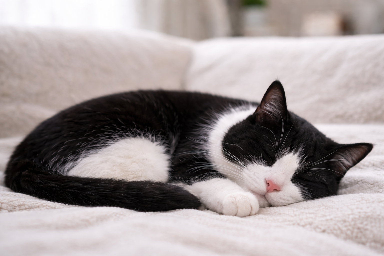 Tuxedo cat sleeping on a couch, resting comfortably in a quiet indoor setting