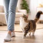 A tabby cat walking closely behind a person across a living room floor, looking up at them