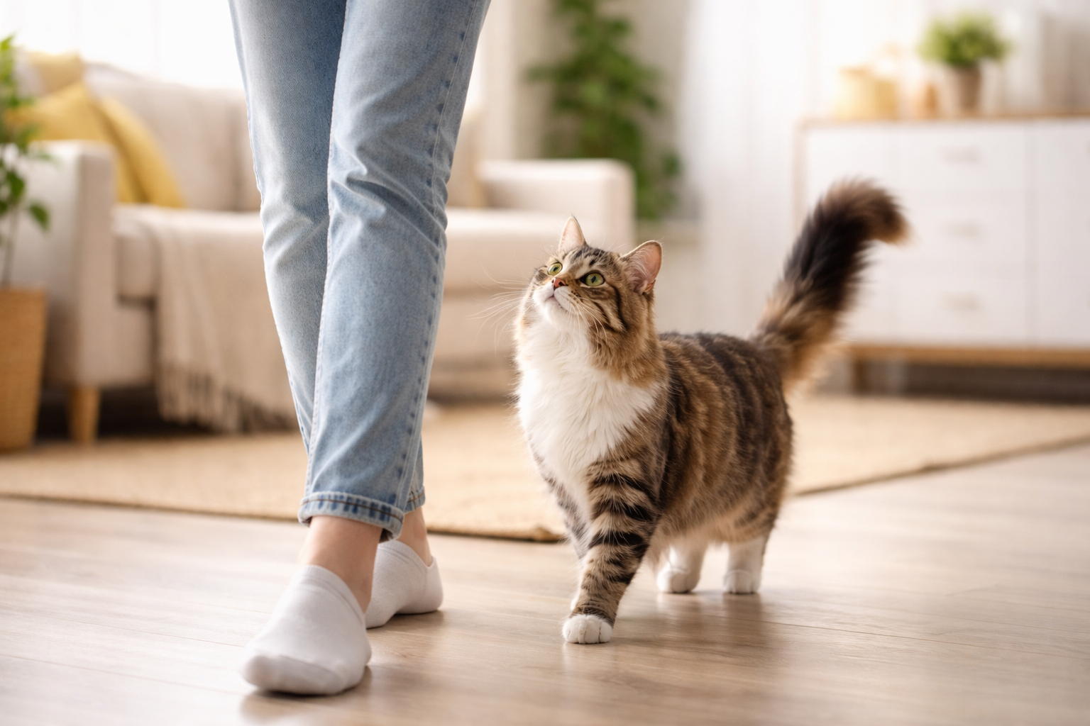 A tabby cat walking closely behind a person across a living room floor, looking up at them