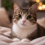 Cat with wide eyes staring directly at owner while resting on a bed