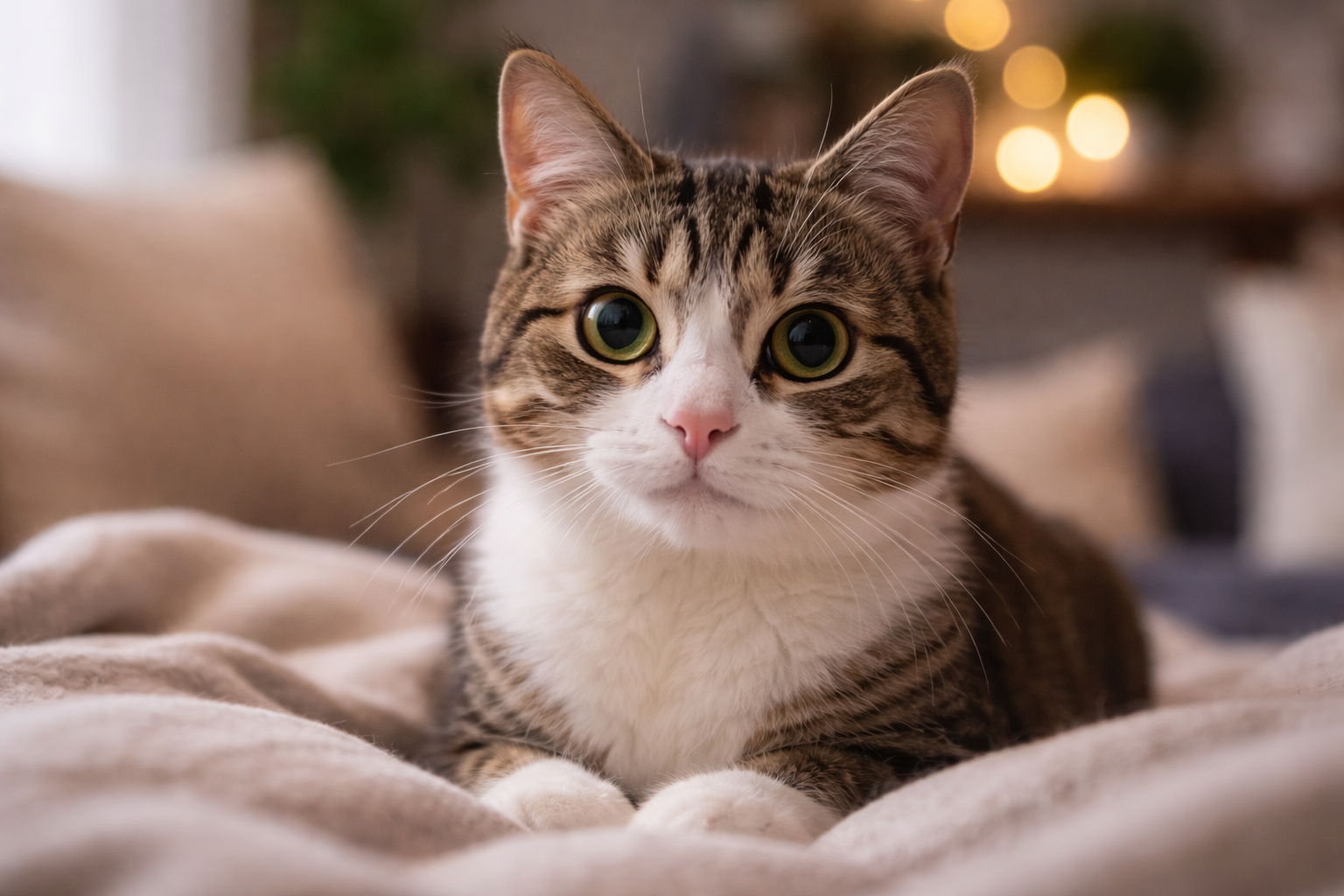 Cat with wide eyes staring directly at owner while resting on a bed