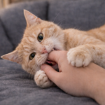 Orange cat play biting a human hand while lying on a couch indoors