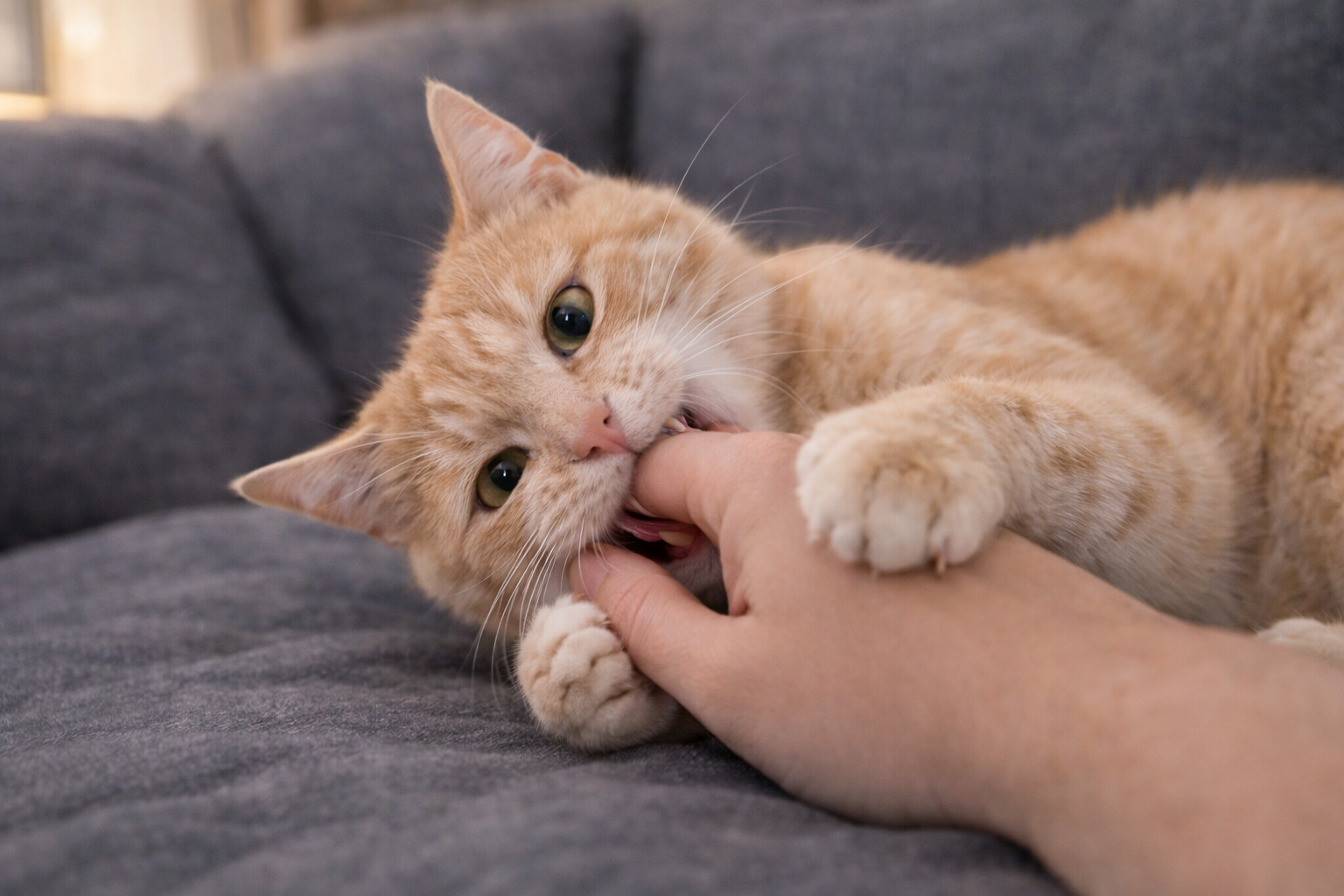 Orange cat play biting a human hand while lying on a couch indoors