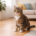 A tabby cat sits alert on a wooden floor in a sunny living room, appearing mildly uncomfortable or concerned.