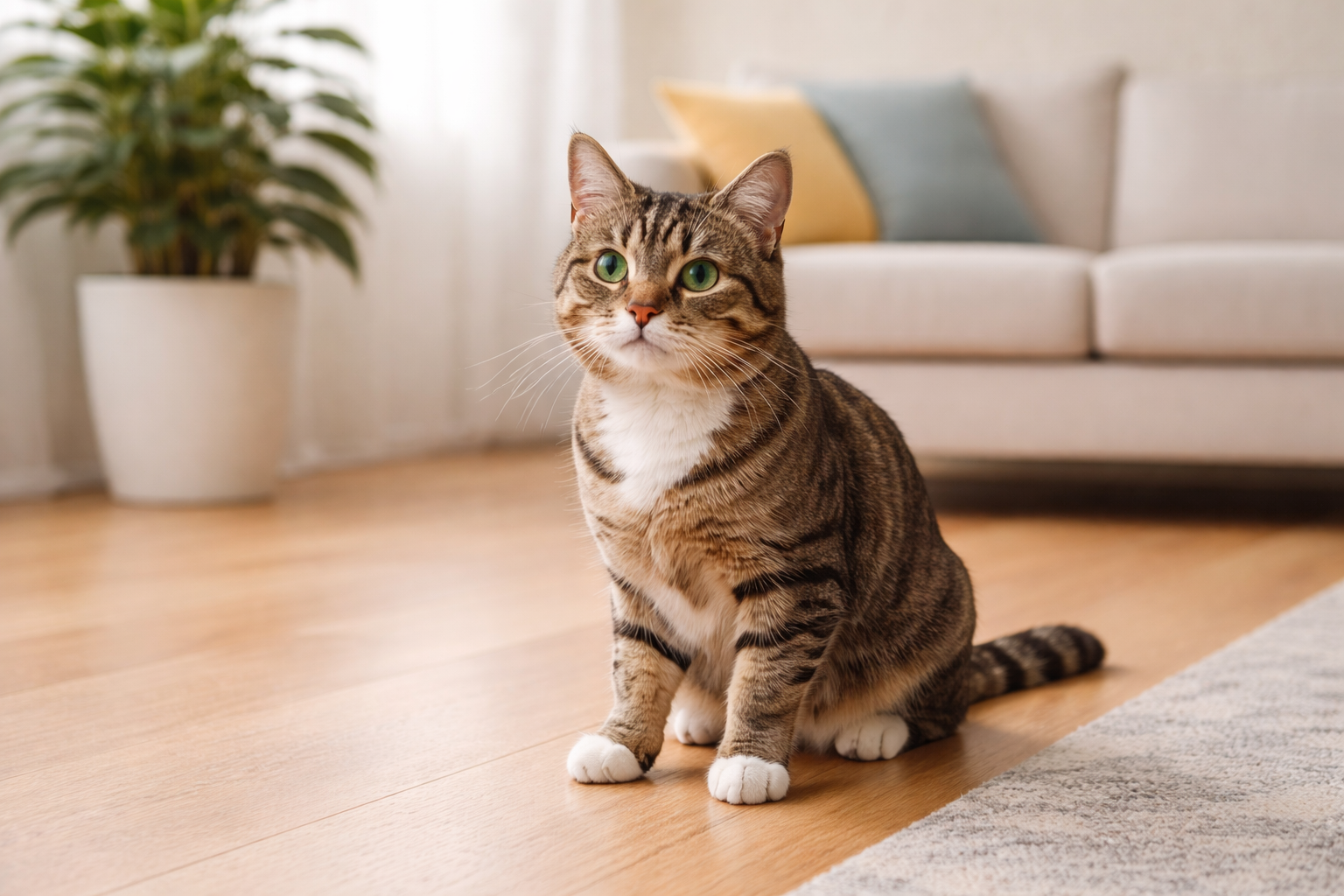 A tabby cat sits alert on a wooden floor in a sunny living room, appearing mildly uncomfortable or concerned.